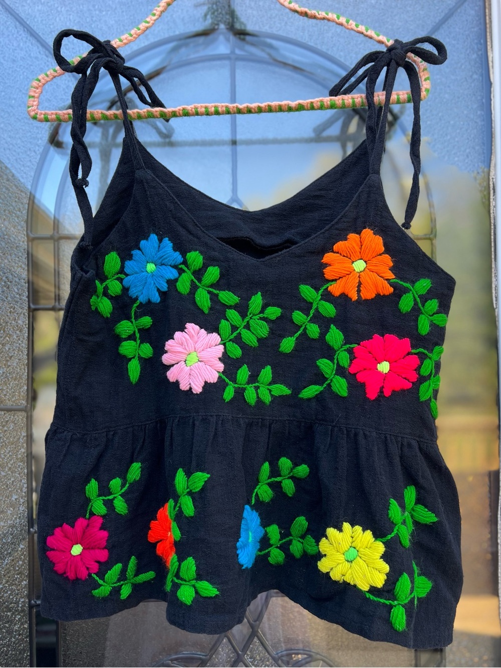 Black Floral Embroidered Tie-Strap Women's Tank Top